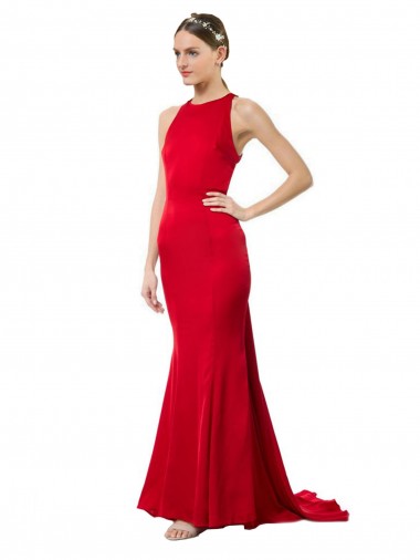 Affordable Sleeveless High Neck Stretch Crepe Red Long Formal Gowns UK