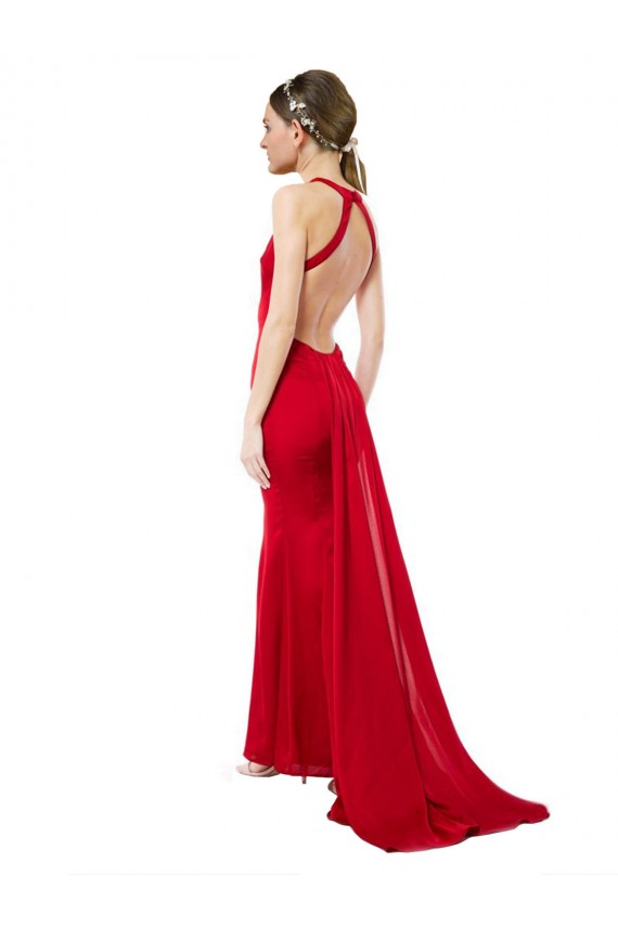 Sleeveless High Neck Stretch Crepe Red Long Formal Gowns