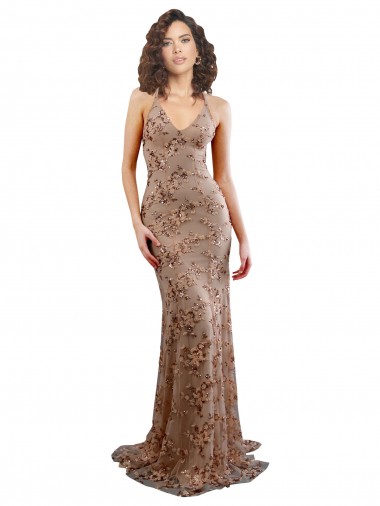 Affordable Sleeveless High Neck Stretch Crepe & Sequin Tulle Rose Gold Long Formal Dress UK