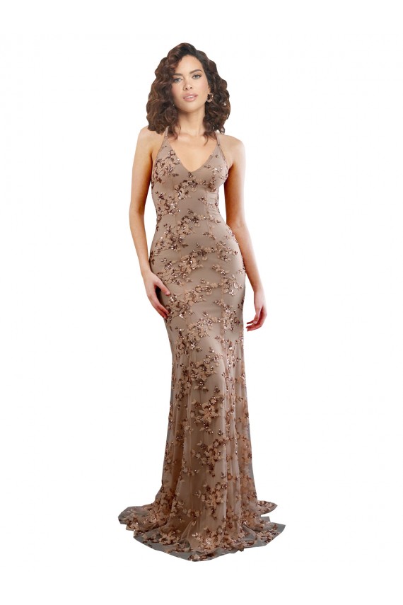 Sleeveless High Neck Stretch Crepe & Sequin Tulle Rose Gold Long Formal Dress