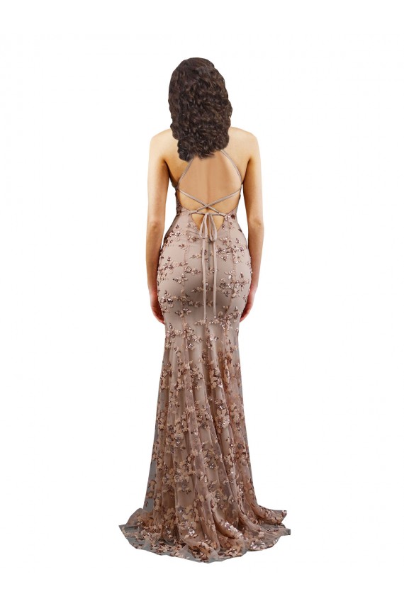 Sleeveless High Neck Stretch Crepe & Sequin Tulle Rose Gold Long Formal Dress