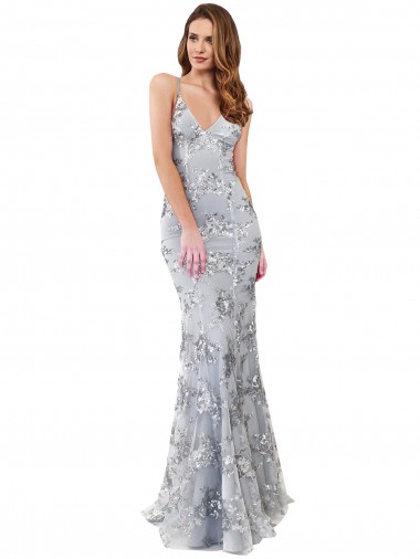 Affordable Sleeveless High Neck Stretch Crepe & Sequin Tulle Silver Long Formal Dress UK