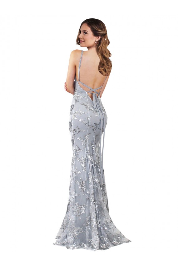 Sleeveless High Neck Stretch Crepe & Sequin Tulle Silver Long Formal Dress