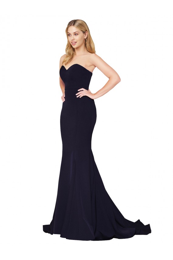 Sleeveless High Neck Stretch Crepe Dark Navy Sweep Train Formal Dress