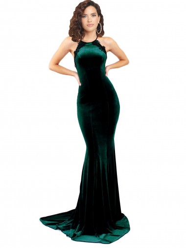 Affordable Sleeveless High Neck Stretch Velvet Dark Green Sweep Train Formal Dress UK