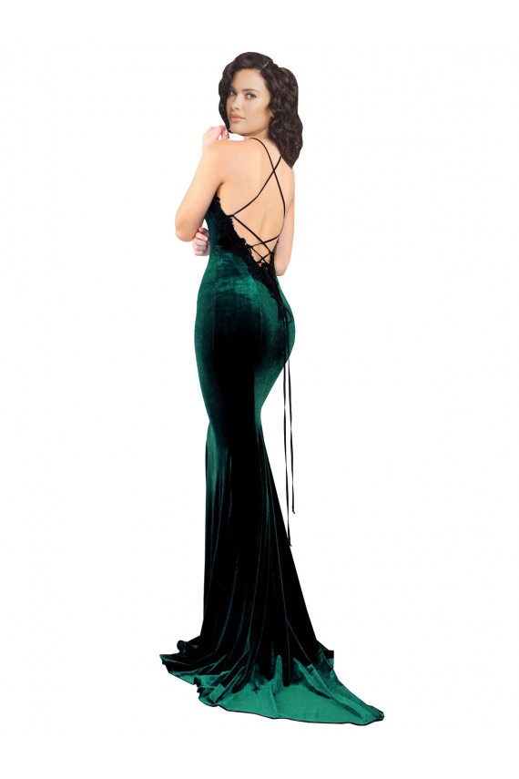 Sleeveless High Neck Stretch Velvet Dark Green Sweep Train Formal Dress