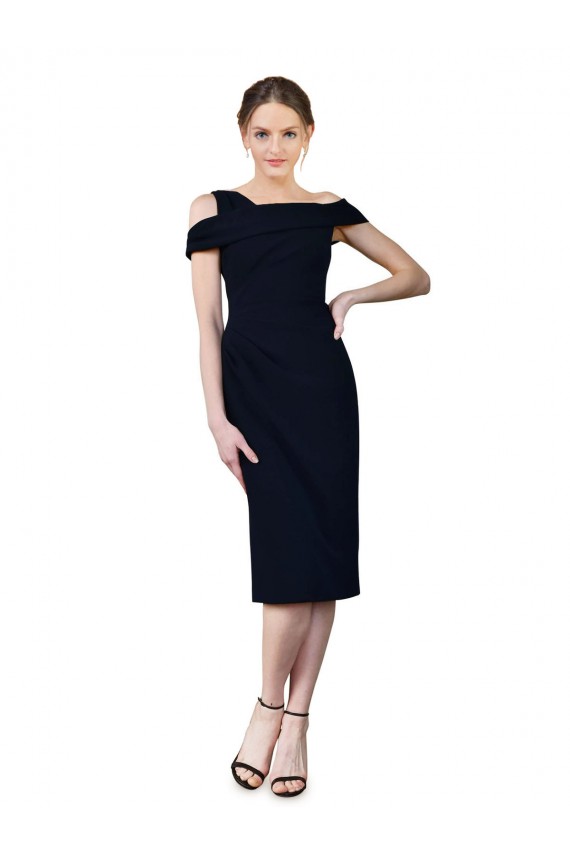 Sleeveless Off the Shoulder Stretch Crepe Dark Navy Cocktail Length Formal Dress