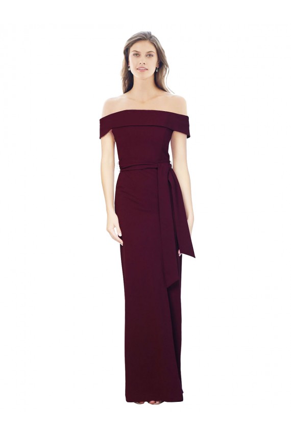 Sleeveless Off the Shoulder Stretch Crepe Burgundy Gold Long Formal Dress