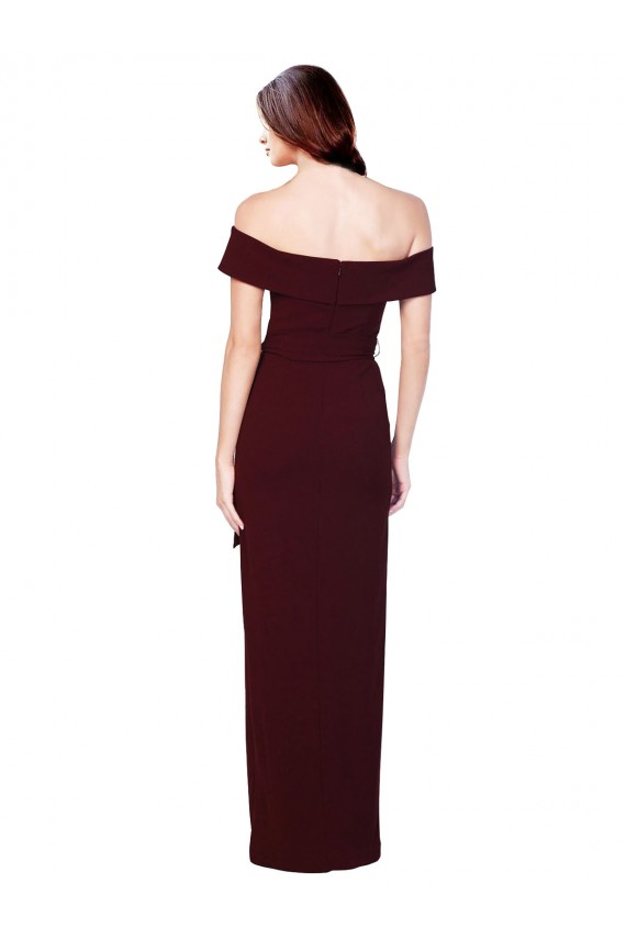 Sleeveless Off the Shoulder Stretch Crepe Burgundy Gold Long Formal Dress