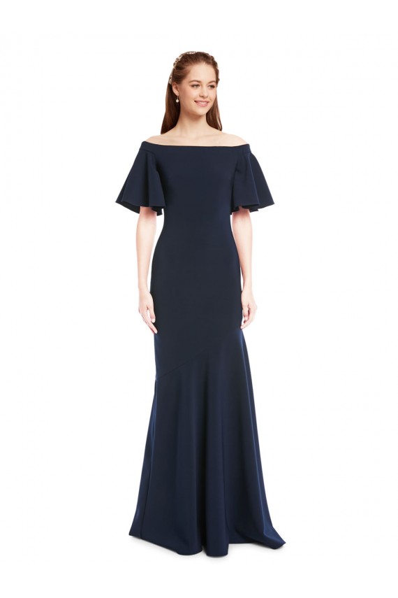 Short Sleeves Off the Shoulder Stretch Crepe Dark Navy Long Formal Dress