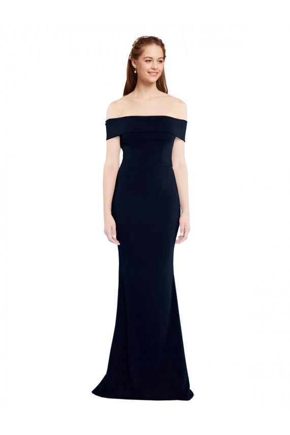 Sleeveless Off the Shoulder Stretch Crepe Dark Navy Long Formal Gowns