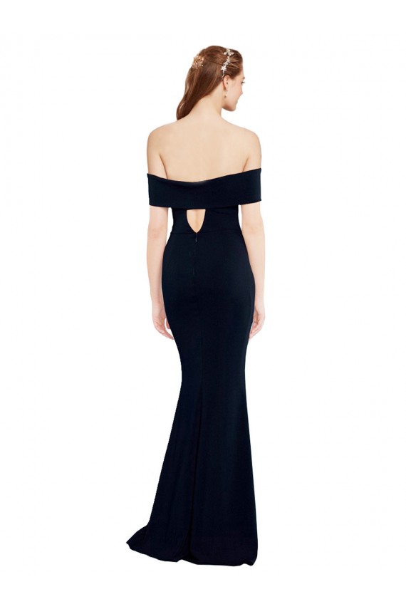 Sleeveless Off the Shoulder Stretch Crepe Dark Navy Long Formal Gowns