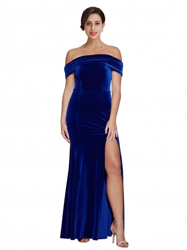 Affordable Sleeveless Off the Shoulder Stretch Velvet Royal Blue Long Formal Dress UK