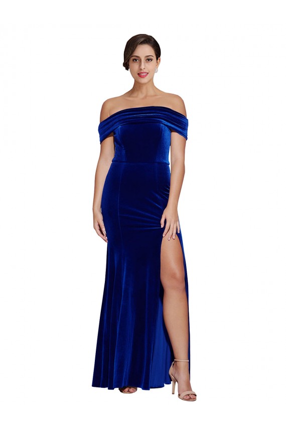 Sleeveless Off the Shoulder Stretch Velvet Royal Blue Long Formal Dress
