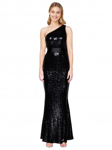 Affordable Sleeveless One Shoulder Sequin Black Long Formal Dress UK