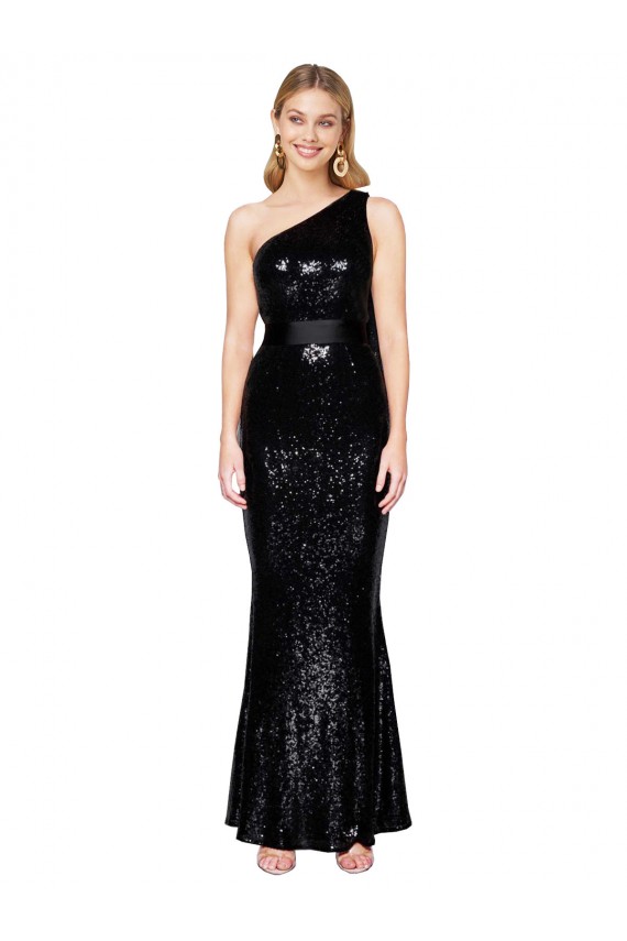 Sleeveless One Shoulder Sequin Black Long Formal Dress