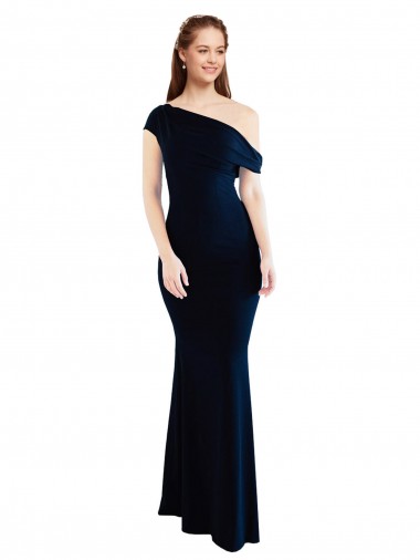 Affordable Sleeveless One Shoulder Stretch Crepe Dark Navy Long Formal Dress UK