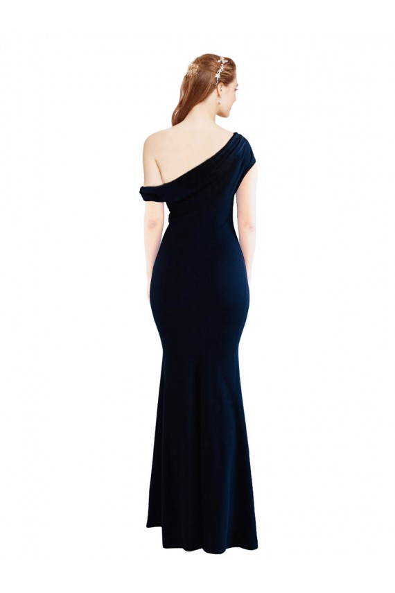 Sleeveless One Shoulder Stretch Crepe Dark Navy Long Formal Dress