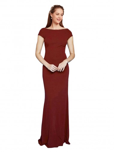 Affordable Cap Sleeves Round Neck Stretch Crepe Burgundy Long Formal Dress UK