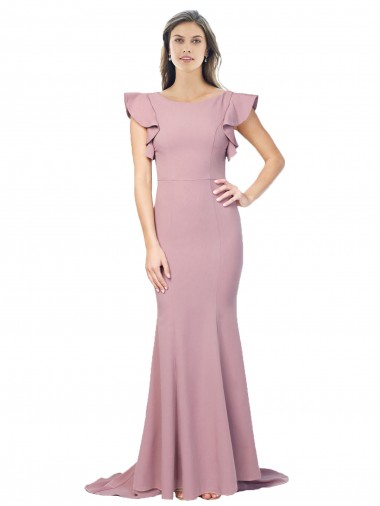 Affordable Flutter Sleeves Round Neck Stretch Crepe Dusty Pink Sweep Train Formal Dress UK