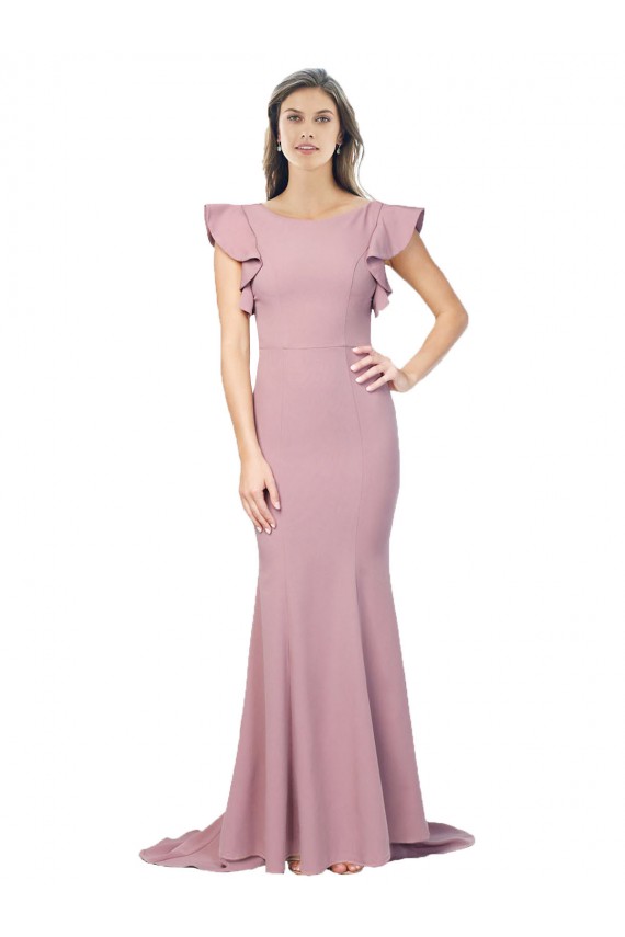 Flutter Sleeves Round Neck Stretch Crepe Dusty Pink Sweep Train Formal Dress