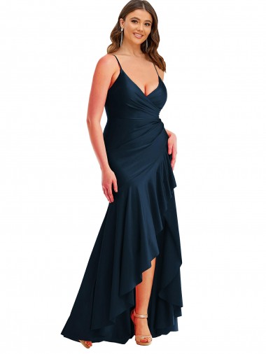 Affordable Sleeveless Spaghetti Straps Silky Satin Dark Navy Long High Low Plus Size Formal Dress UK