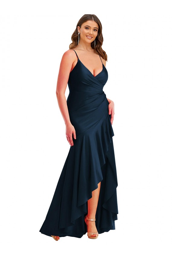 Sleeveless Spaghetti Straps Silky Satin Dark Navy Long High Low Plus Size Formal Dress