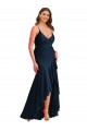 Sleeveless Spaghetti Straps Silky Satin Dark Navy Long High Low Plus Size Formal Dress