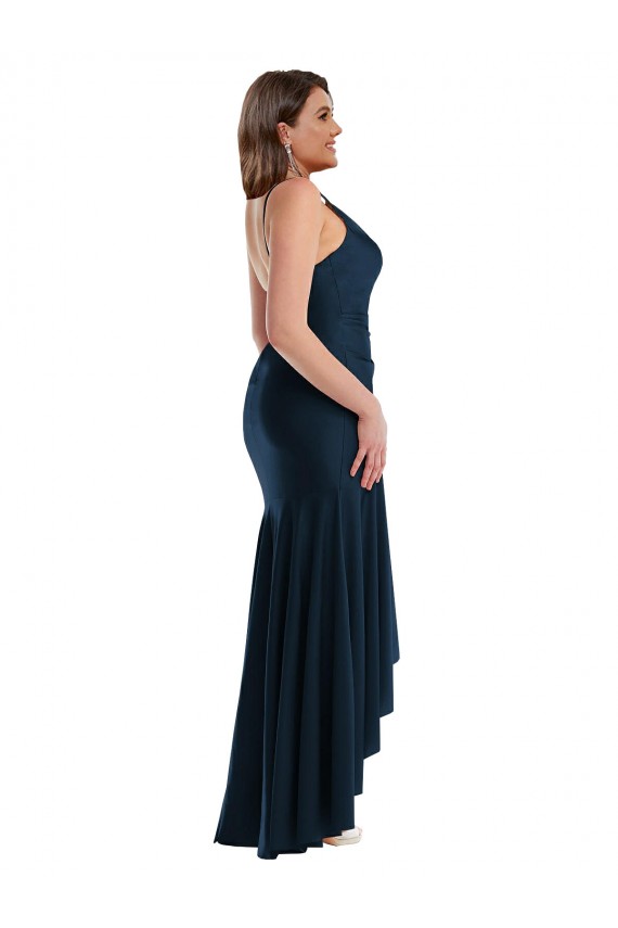 Sleeveless Spaghetti Straps Silky Satin Dark Navy Long High Low Plus Size Formal Dress