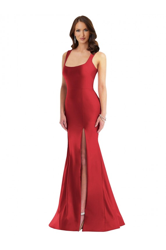 Sleeveless Square Neck Silky Satin Red Long Formal Plus Size Formal Dress