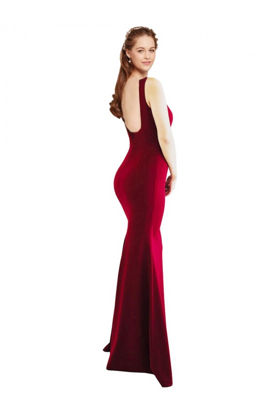 Sleeveless Square Neck Stretch Crepe Burgundy Long Formal Dress