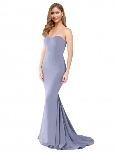 Affordable Sleeveless Strapless Stretch Crepe Smoke Blue Long Formal Dress UK