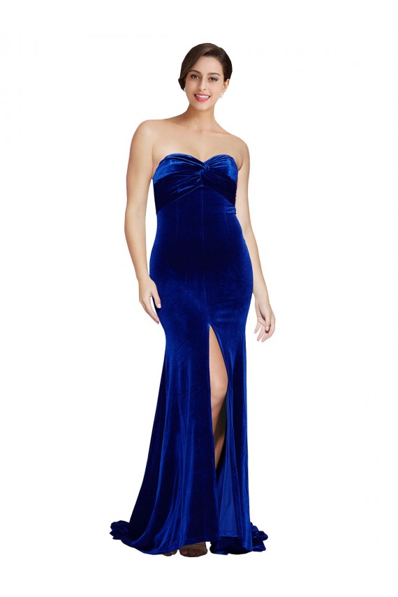 Sleeveless Strapless Stretch Velvet Royal Blue Sweep Train Formal Dress