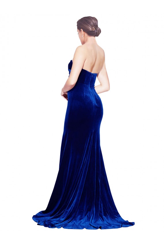 Sleeveless Strapless Stretch Velvet Royal Blue Sweep Train Formal Dress