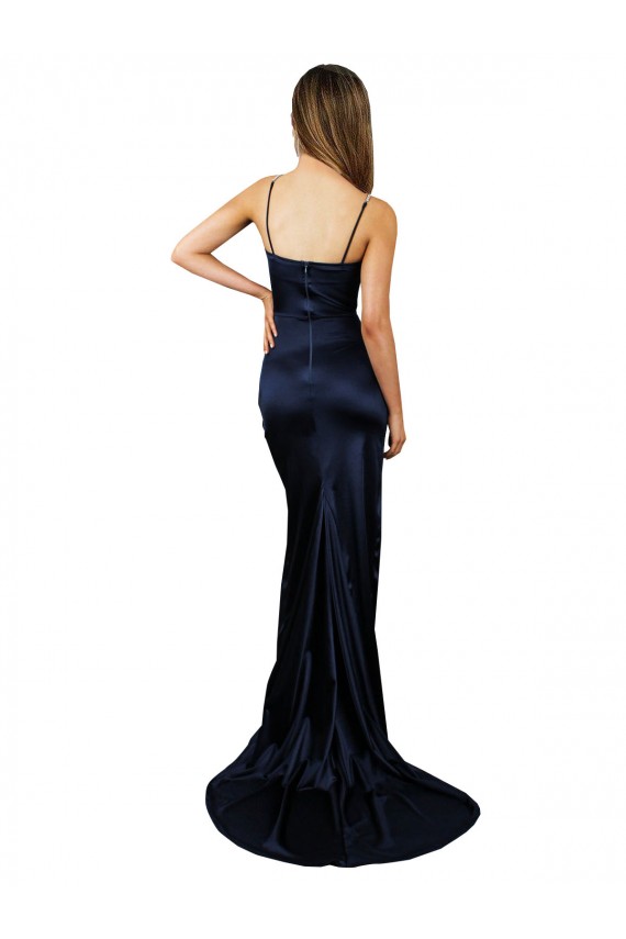 Sleeveless Sweetheart Stretch Satin Dark Navy Long Formal Dress