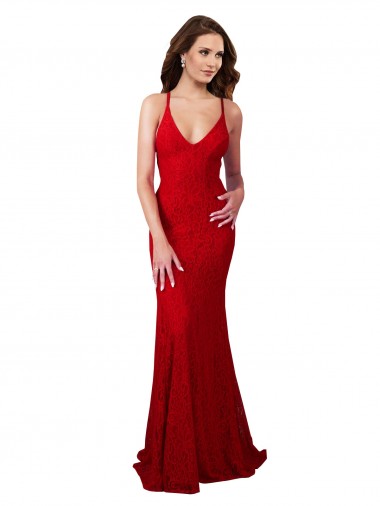Affordable Sleeveless V-Neck Lace Red Long Formal Dress UK