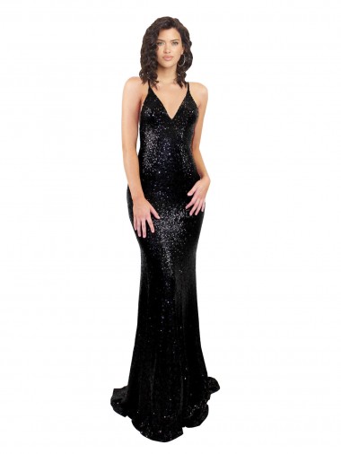 Affordable Sleeveless V-Neck Sequin Black Long Black Tie Formal Dress UK