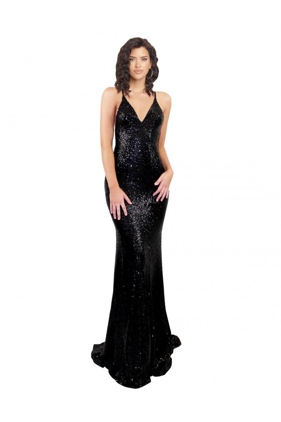 Sleeveless V-Neck Sequin Black Long Black Tie Formal Dress