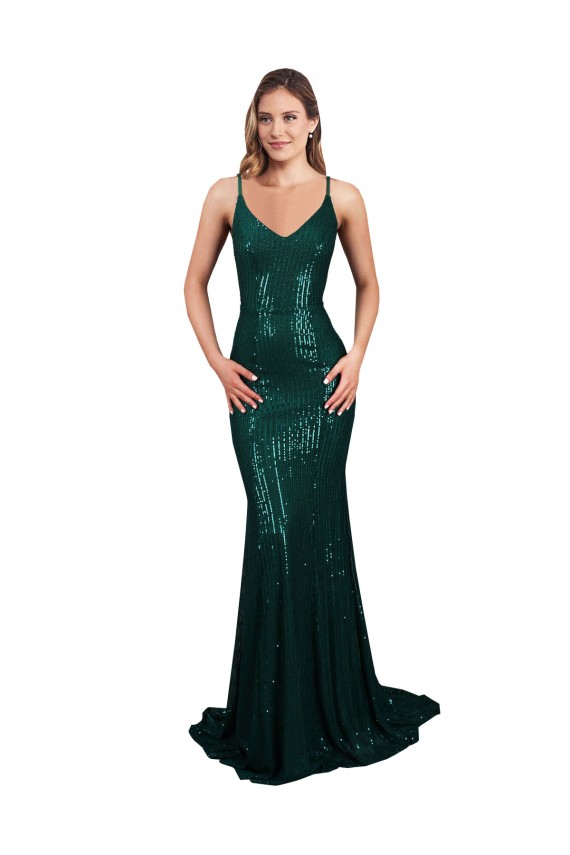 Sleeveless V-Neck Sequin Dark Green Mermaid Long Formal Dress