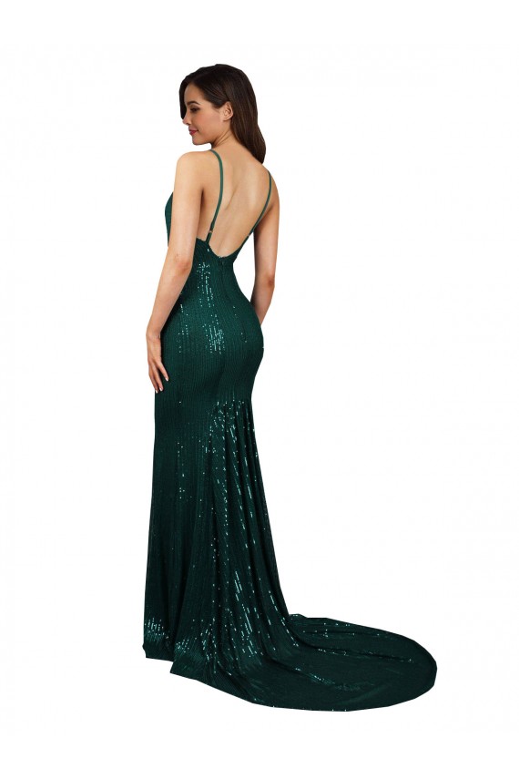 Sleeveless V-Neck Sequin Dark Green Mermaid Long Formal Dress