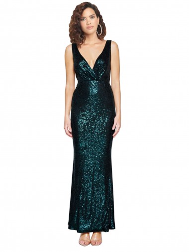 Affordable Sleeveless V-Neck Sequin Dark Green Long Formal Gowns UK