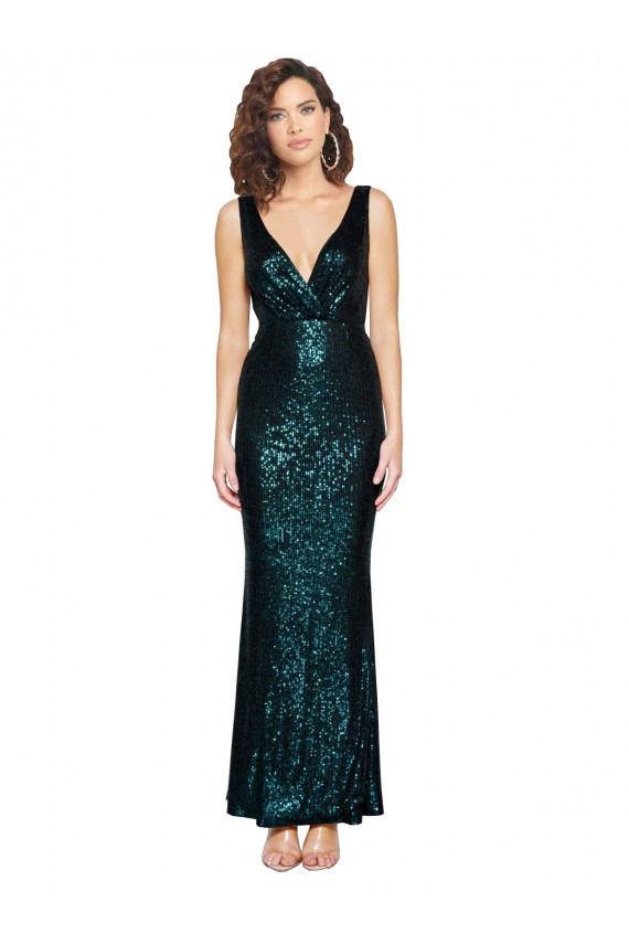 Sleeveless V-Neck Sequin Dark Green Long Formal Gowns