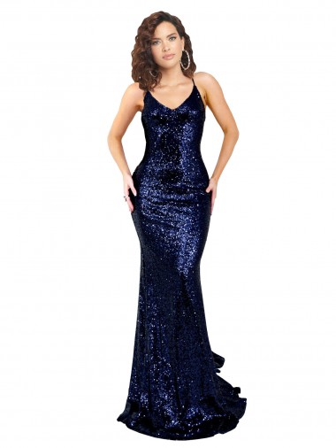 Affordable Sleeveless V-Neck Sequin Dark Navy Long Formal Dress UK