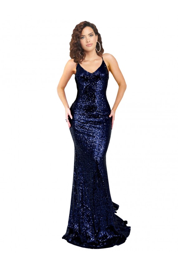 Sleeveless V-Neck Sequin Dark Navy Long Formal Dress