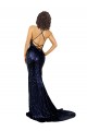 Sleeveless V-Neck Sequin Dark Navy Long Formal Dress