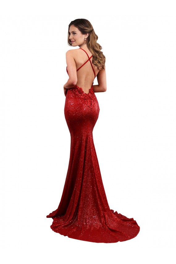 Sleeveless V-Neck Sequin Red Long Formal Dress