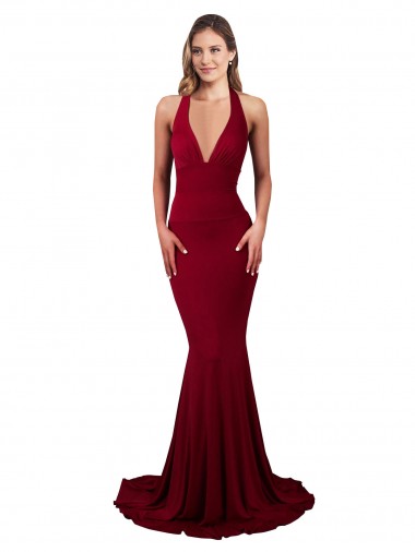 Affordable Sleeveless V-Neck Spandex Burgundy Long Formal Dress UK