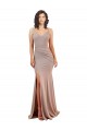 Sleeveless V-Neck Stretch Crepe Dusty Pink Long Black Tie Formal Dress