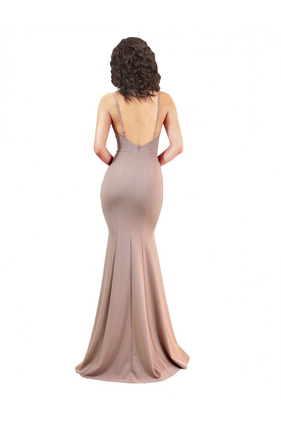 Sleeveless V-Neck Stretch Crepe Dusty Pink Long Black Tie Formal Dress