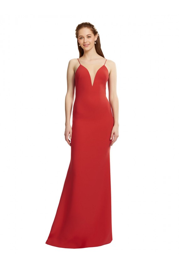 Sleeveless V-Neck Stretch Crepe Red Long Formal Dress